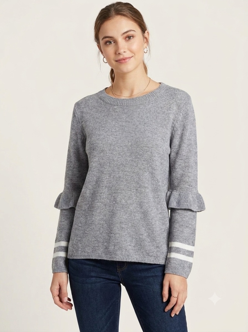 Entro Gray Ruffle Sleeve Sweater with Stripe Detail - Size Small - NWT